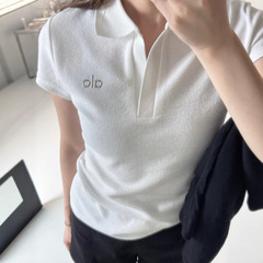 ALO 立体レターポロカラー半袖Tシャツレディース右肩スリムフィットカジュアルヨガスポーツトップ純綿