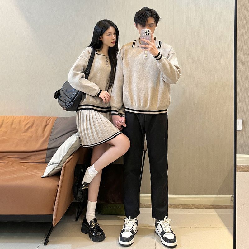 대학 스타일의 커플 의류 작은 느슨한 올 매치 원 원피스 스커트 니트 스웨터 주름 패션 폴로 칼라 스웨터