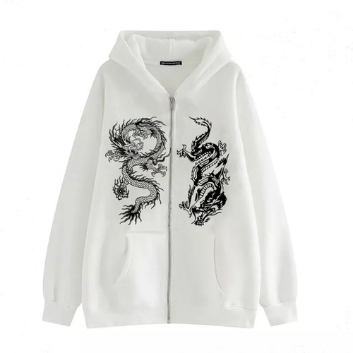Women's Dragon Print Zip Hoodie, European and American Street Fashion, Trendy Loose Fleece Jacket