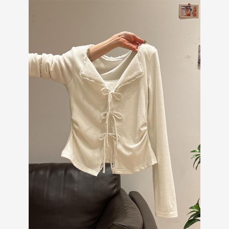 Fake Two-Piece Lace Strap Splicing Long-Sleeved T-Shirt for Women 2025 New Spring and Autum Design Niche Sweet Top