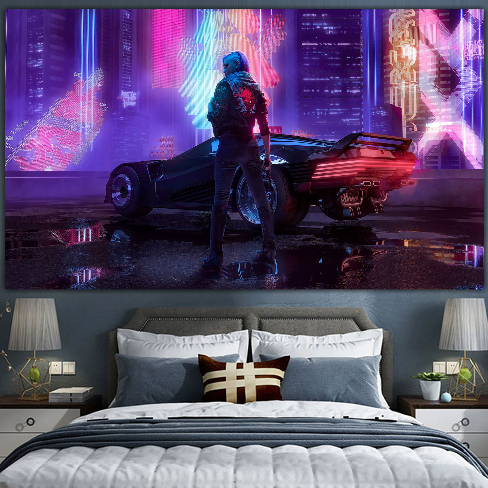 Постер cyberpunk неоновый город, размеры 38×65 см, 85×155 см, 110×200 см