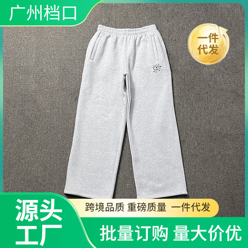 Cross-Border Wholesale Niche Adwysd Sun-Embroidered Fleece-Lined Sweatpants Hip-Hop American Retro High Street Loose Casual