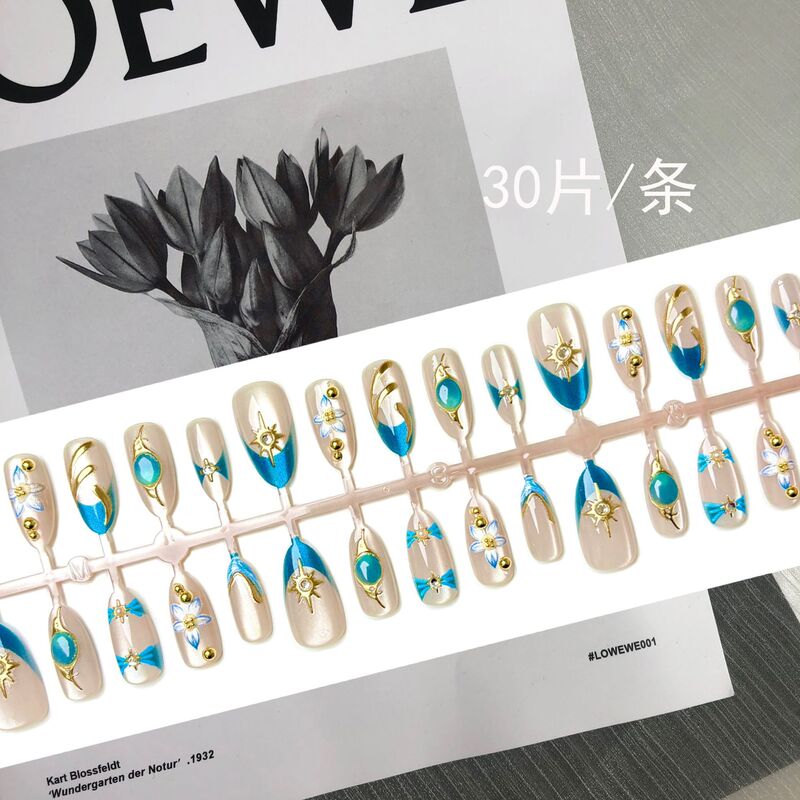 高品质蒂芙尼蓝鎏金法式穿戴甲欧美热销跨境美甲贴片批发百搭辣妹|undefined