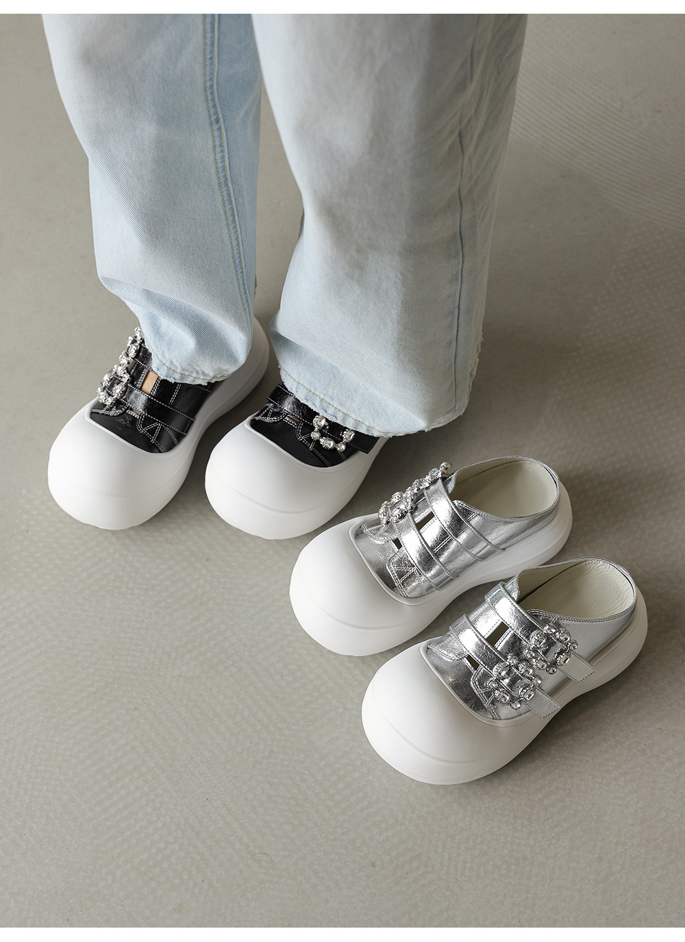 Sandal nữ đế xuồng cao 5 cm mũi vuông đính đá pha lê — màu đen, bạc chi tiết 24