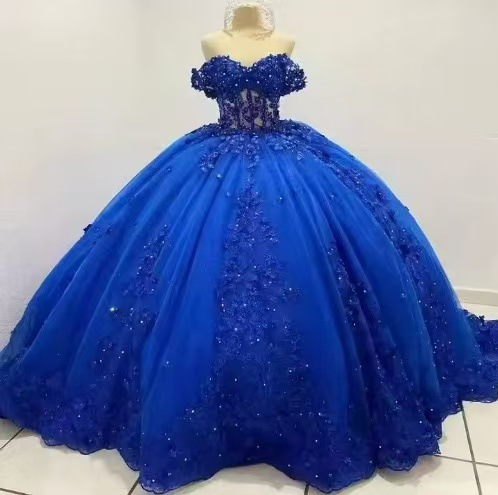 New Evening Dress Host Student Art Exam Performance Clothing Aliexpress Supply Blue One-Shoulder Tutu Skirt Long Style