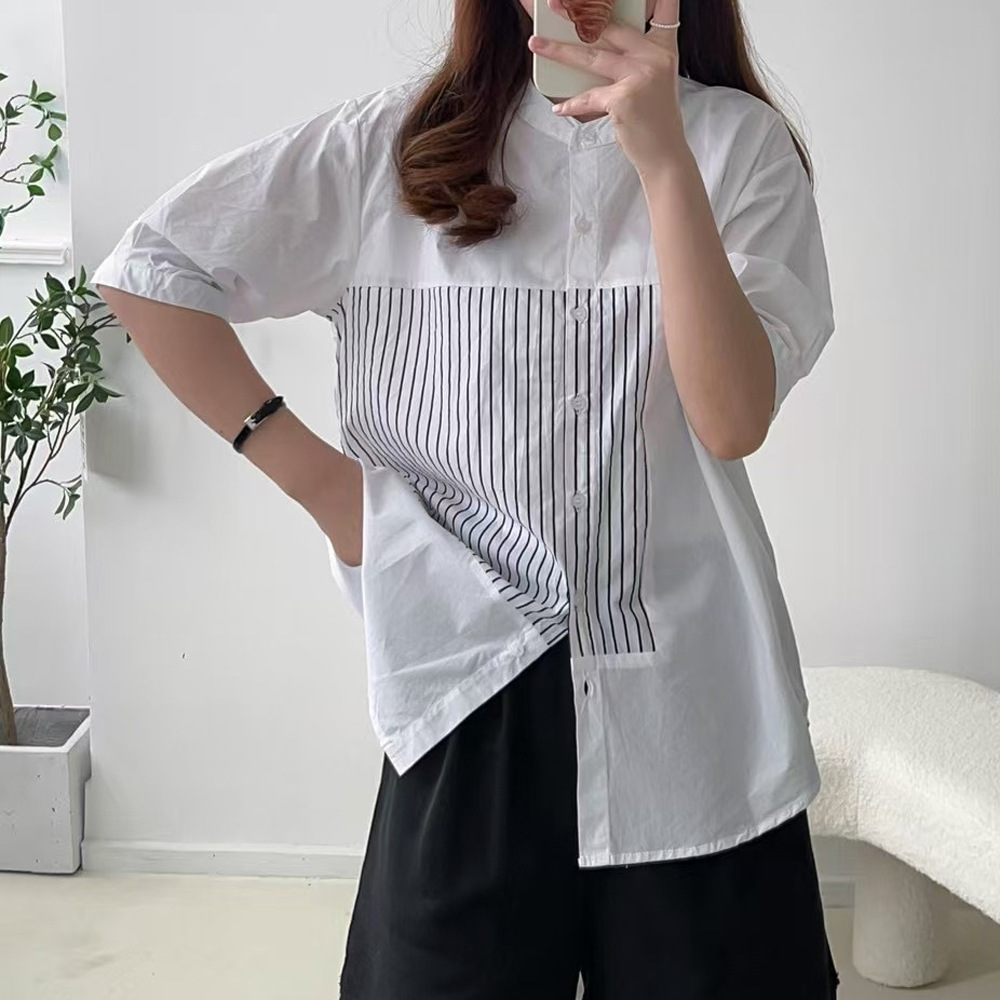 设计感条纹拼接白色棉衬衫女士夏新款韩版立领宽松短袖衬衣上衣