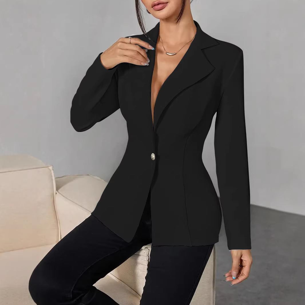 Women's Clothing Slim Waist Lapel Single Button Suit Jacket Solid Color Fashion Spring/Autumn Lightweight Coat_ecoleips.com