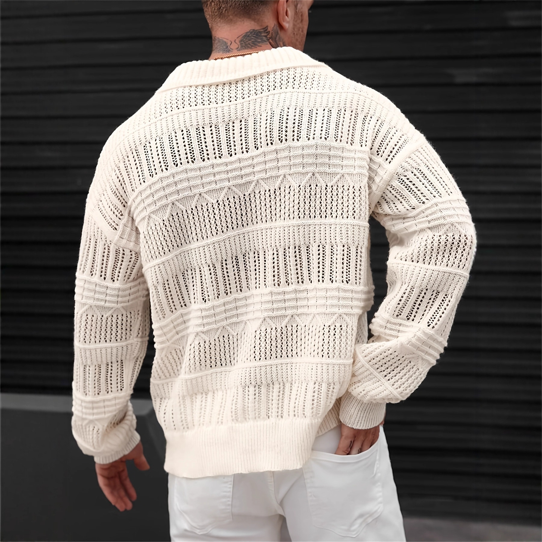 ​Men's Streetwear Hollow-Out Knit Shirt Fashion Loose Fit Short Sleeve Collared Pullover Polyester Breathable Summer Casual​_viptrois.com