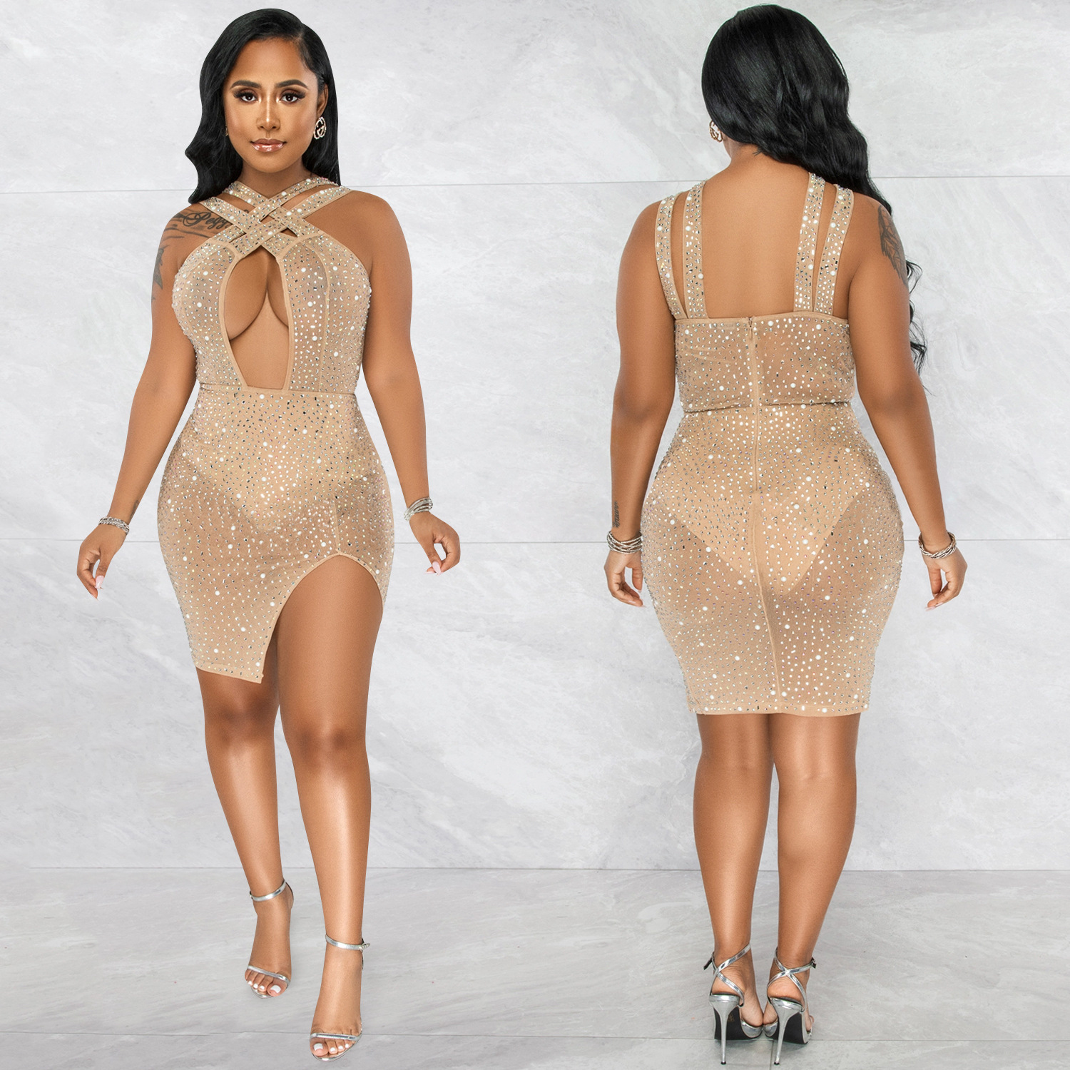 X5735 AliExpress Amazon moda discoteca caliente rhinestone Cruz Halter irregular split MIDI falda vestido de las mujeres image 3
