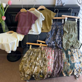YM1303夏季儿童森系短袖纯色T恤碎花灯笼裤套装男女童两件套