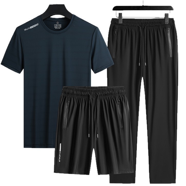 Trajes deportivos transfronterizos para hombres de verano de seda de hielo de manga corta de mediana edad, pantalones rectos para padres de tres piezas de secado rápido