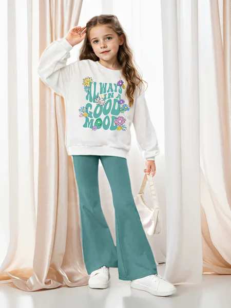 Cross-border Foreign Trade INS Girl Girl Flower and Slogan Pattern Shoulder Pullover and Horn Pants Two-piece Set