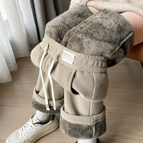 Lamb Wool Wide Leg Pants for Women - Autumn/Winter Snag Wool Women's Pants - Padded and Thickened Warm Cotton Pants - Corduroy Straight Leg Pants