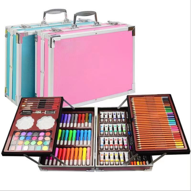 Estudiante 145 piezas traje de papelería de lujo niños acuarela pluma pintura al óleo palo crayón no sucio pintura a mano suministros de papelería