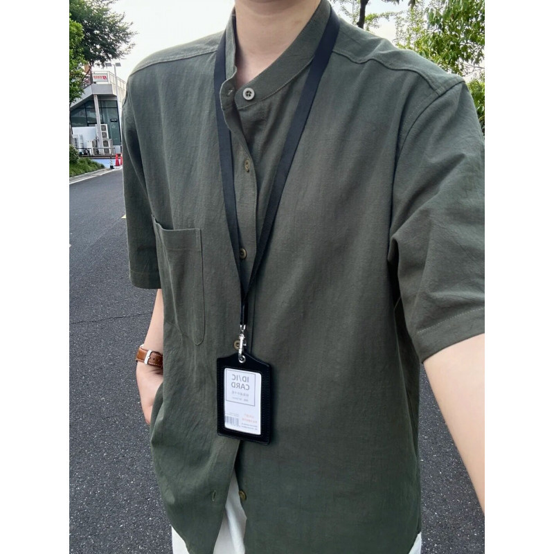 Bamboo Cotton Pleated Texture Stand-Up Collar Short-Sleeved Shirt Men's Summer Light Mature Style High-End New Chinese Style White Shirt