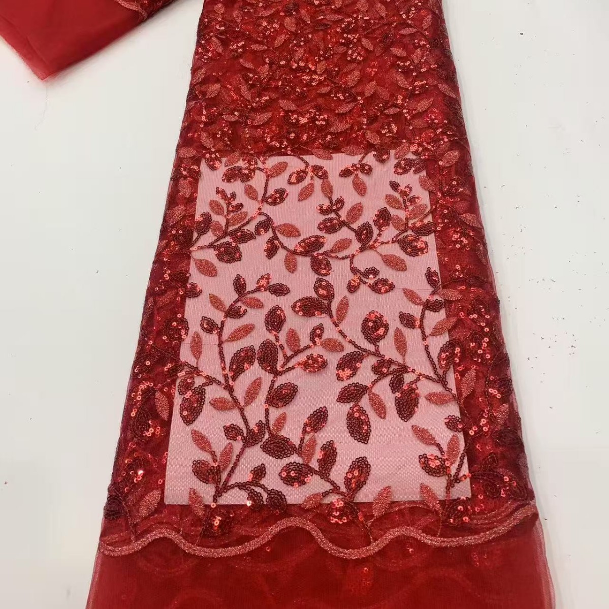 新款重工亮片刺绣网纱绣叶子布料婚纱礼服连衣裙面料