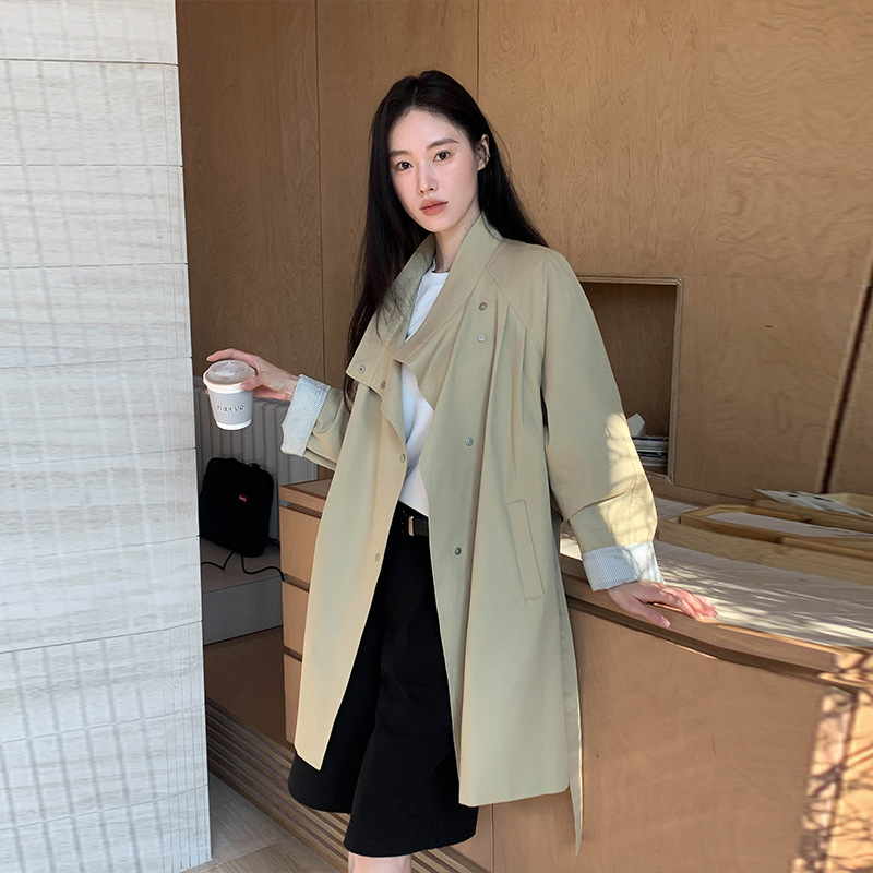 ng2510292 MOXI Thirteen Lines Women's Clothing 2026 Spring Korean Style Stand Collar Long Trench Coat For Petite Women_ecoleips.com