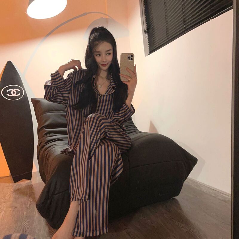 [Weekend Swing Rotten] ins Style Striped Long-sleeved Pajamas Women's Spring and Autumn New High-end Loose Home Suit