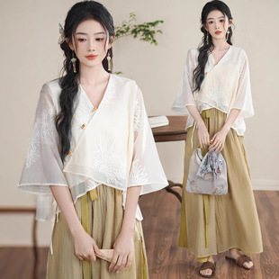 Zen Embroidered New Chinese Style National Style Hanfu suit Women's 2025 Summer Slant Placket Button Loose Top Pants and Skirt Tea Clothes