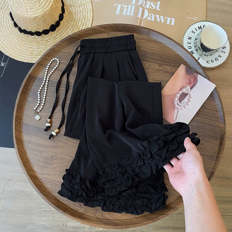 Guangzhou fabric plus size 150kg This year's popular loose-fit ruffled casual straight-leg pants versatile wide-leg pants