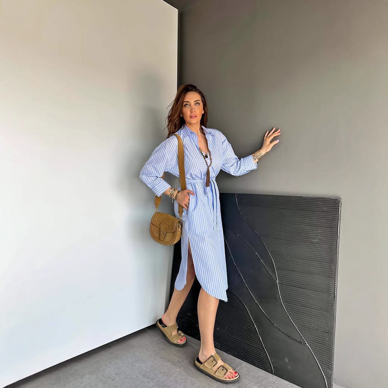 2025 Turkish European and American Cross-Border Women's Striped Elegant Slit Long-Sleeve Tie Shirt-Style Mid-Length Dress 2025 Turkish European and American Cross-Border Women's Striped Elegant Slit Long-Sleeve Tie Shirt-Style Mid-Length Dress