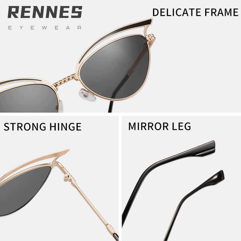 2024 nuevas gafas de sol de ojo de gato huecas de metal personalizadas, el mismo estilo, gafas de sol para exteriores esenciales de forma cóncava