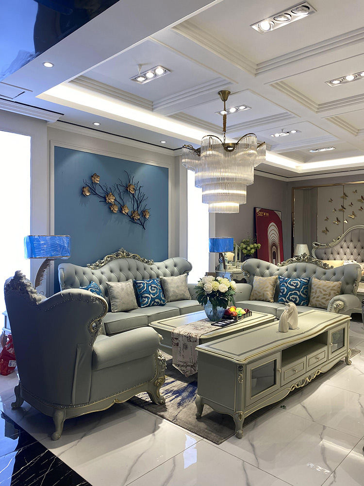 欧式真皮沙发实木奢华123组合中小户型客厅别墅套房蒂芙尼蓝家具