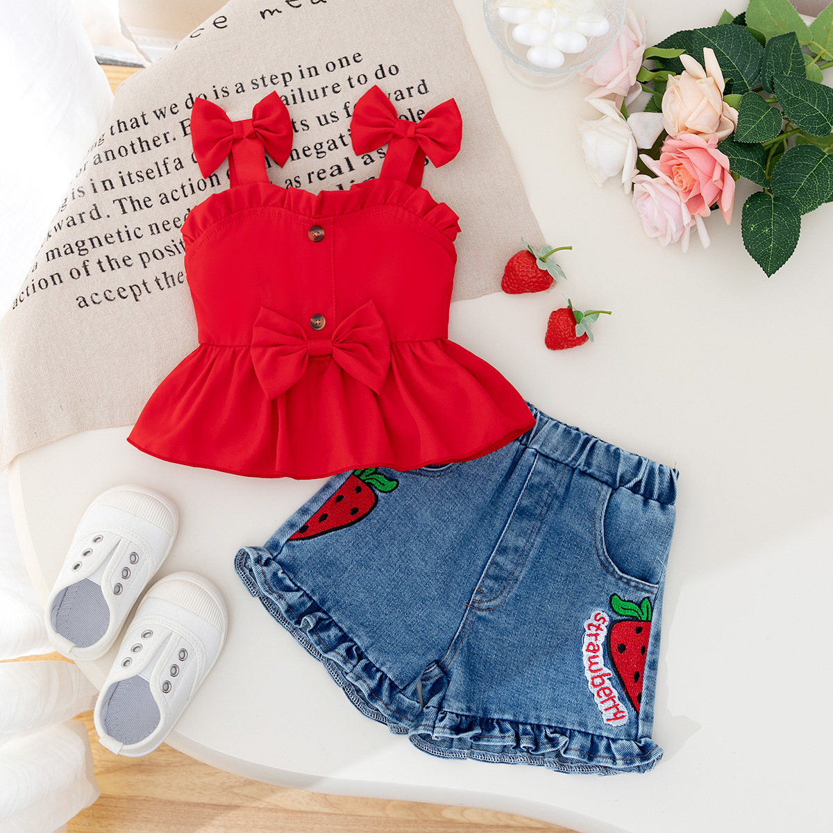 2025 Summer Children's Clothing: Two-Piece Set with a Bowknot Waist-Cinching Design Top and Washed Denim Shorts