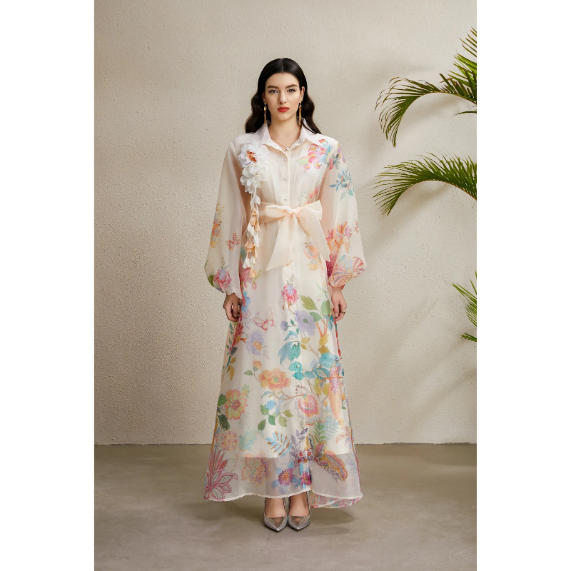 2025 Early Autumn Long Printed Dress with Lapel, Tie, Corsage, and Wide Hem