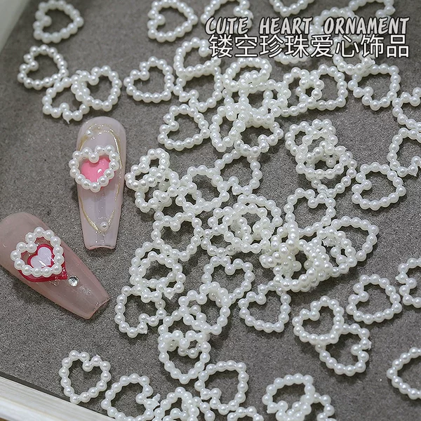 Net red hollow love pearl nail jewelry explosion white flat pearl Joker nail decoration accessories wholesale