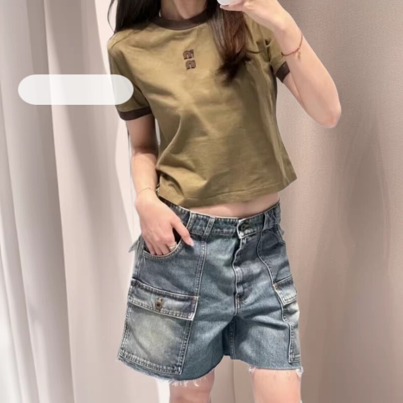 2026 Summer New Style Miu Miu Letter Embroidery Color-Blocking Round Neck Short-Sleeve T-Shirt for Women, Casual Versatile Pure Cotton Top