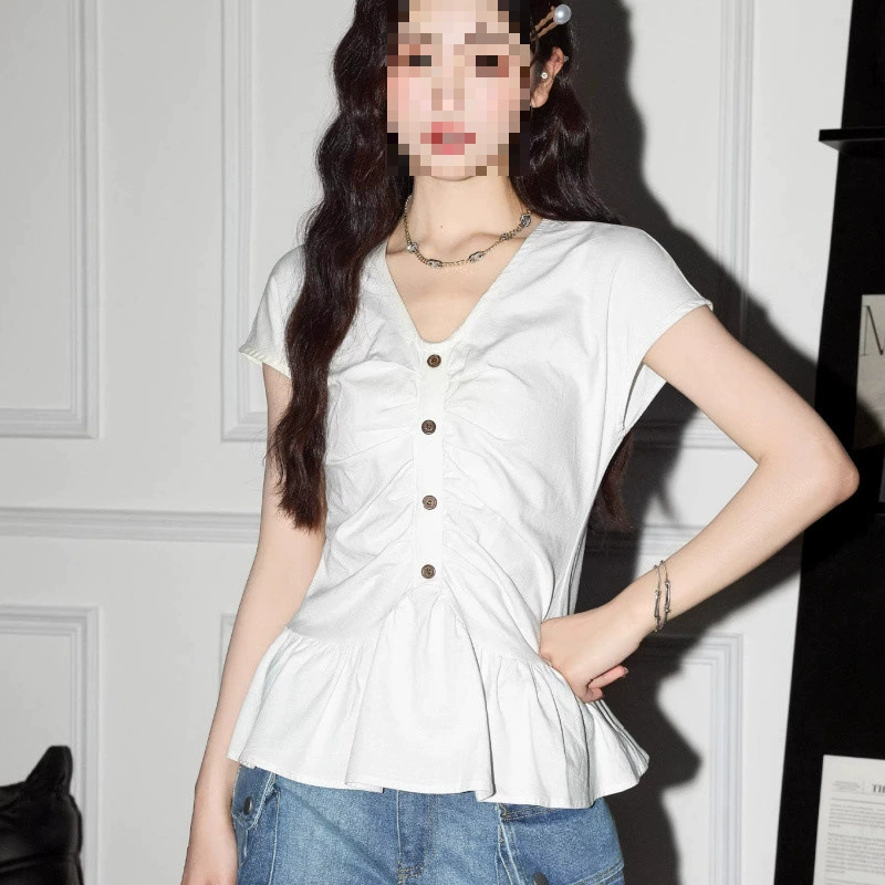 YS82025 новый летний дизайн блузка с V-образным вырезом, плиссированная, с рюшами, тонкие летящие рукава, на пуговицах, облегающий топ