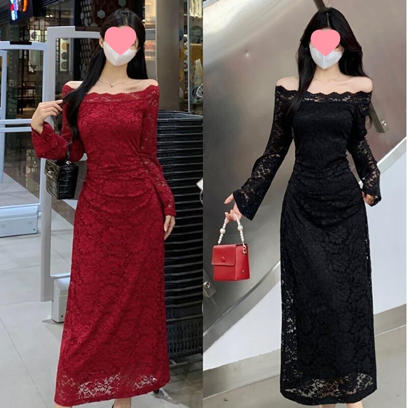 Large Size Fat French One-Shoulder Lace Dress, Ladylike Temperament, Waist Slimming Dress, Long Skirt Large Size Fat French One-Shoulder Lace Dress, Ladylike Temperament, Waist Slimming Dress, Long Skirt