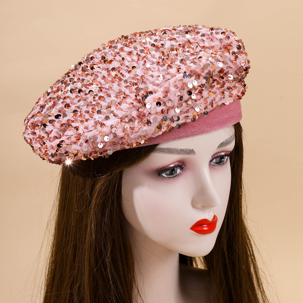 Moda con lentejuelas boina femenina de moda casual todo fósforo circunferencia de la cabeza grande cara de aspecto pequeño boina