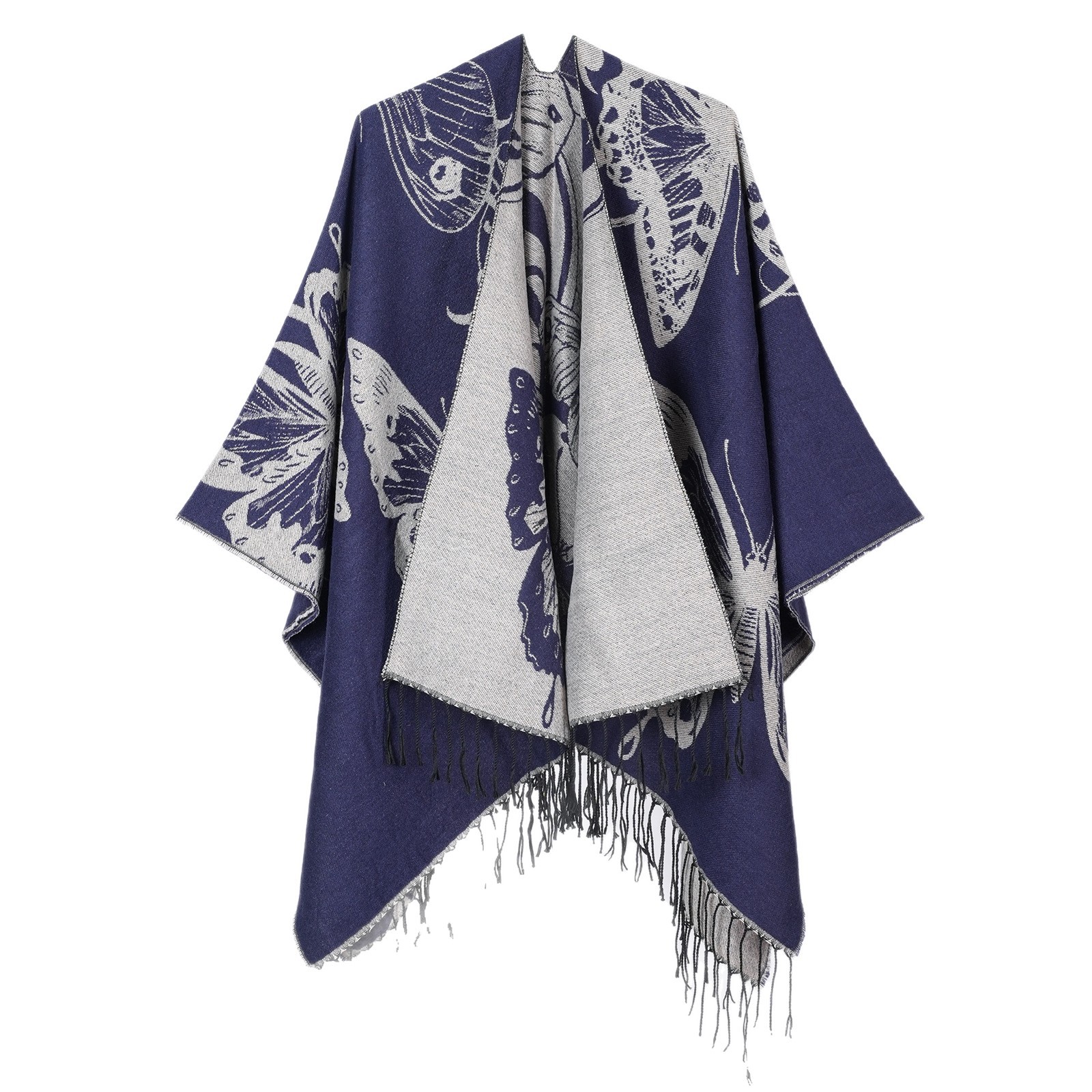 Bufanda chal grande con estampado de mariposa y flecos invierno_voghion.com