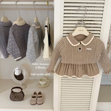 【乐恩童装】原创设计秋冬女童卡其色学院风针织毛衣百褶裙两件套