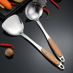 High-quality household stainless steel pot spoon long handle soup ladle beech wood handle kitchenware pointed hole handle series