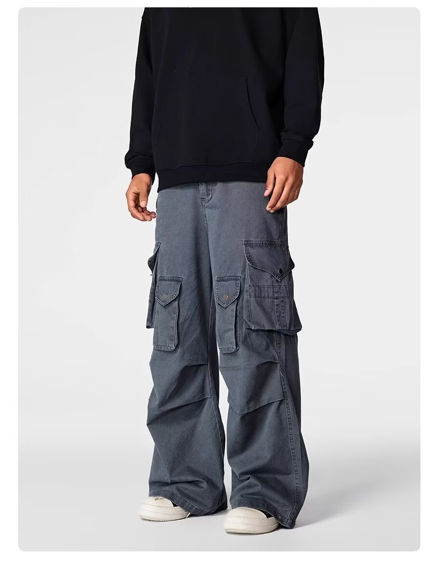 Men's Clothing Washed casual pants regular street washed distressed overalls pocket straight heavy duty casual wide leg pants _ipsvogv.com