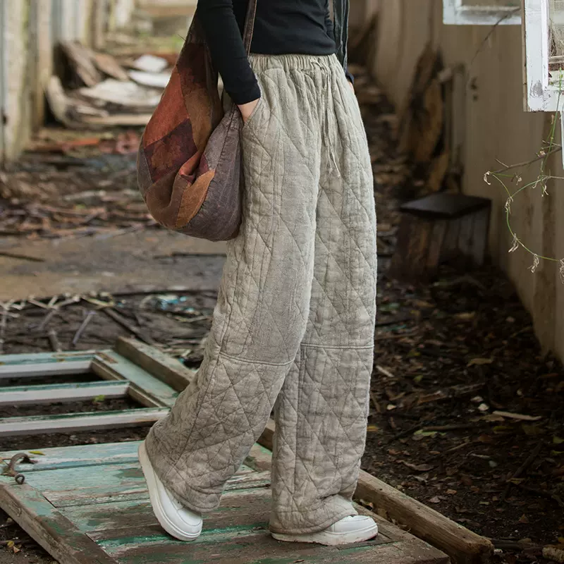 25冬季女装新款苎麻扎染夹棉绗缝裤子松紧腰文艺加厚保暖女式棉裤