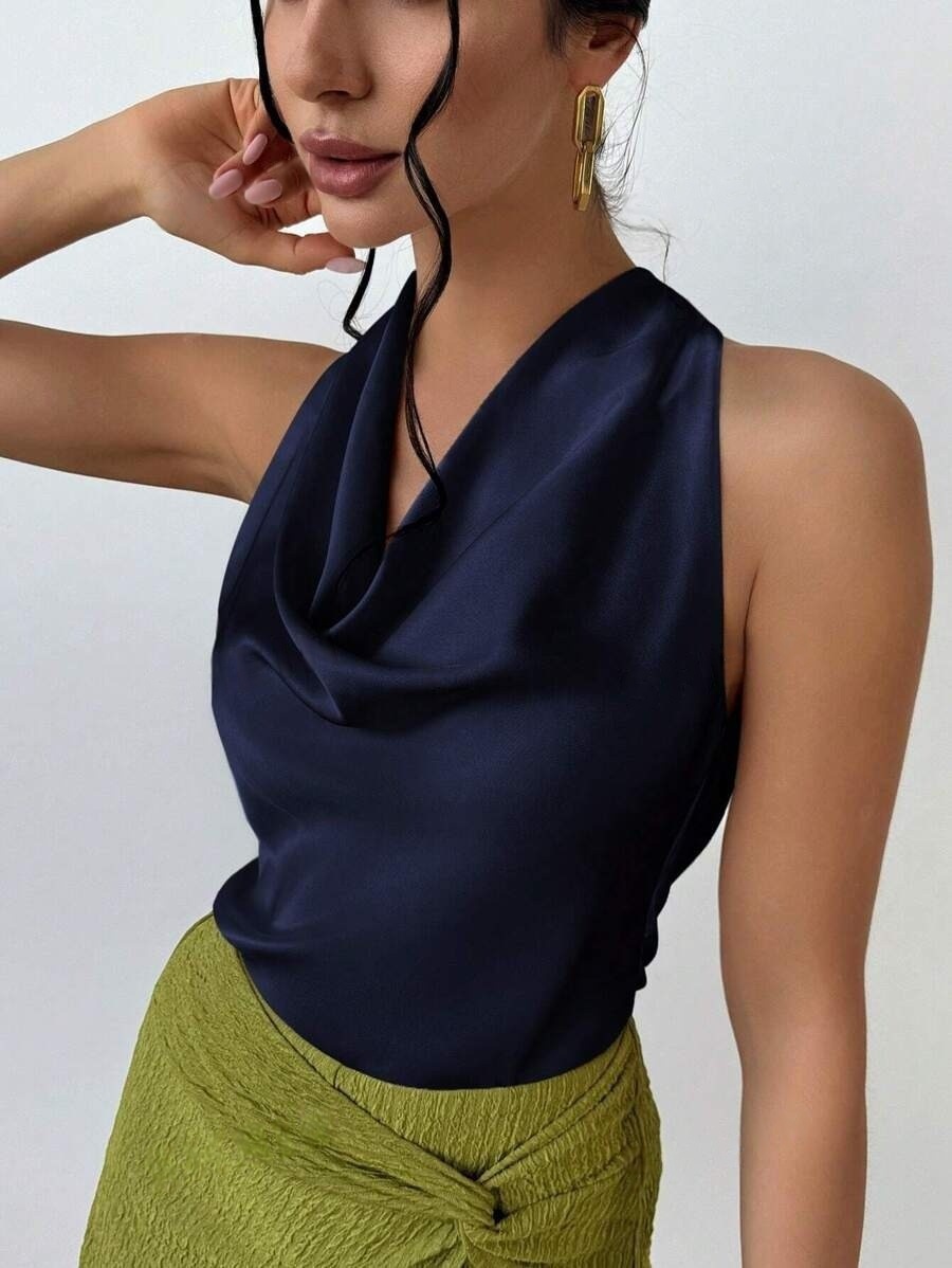 Ärmellose Damen Satinbluse Elegantes Business Oberteil Für Sommer_voghion.com