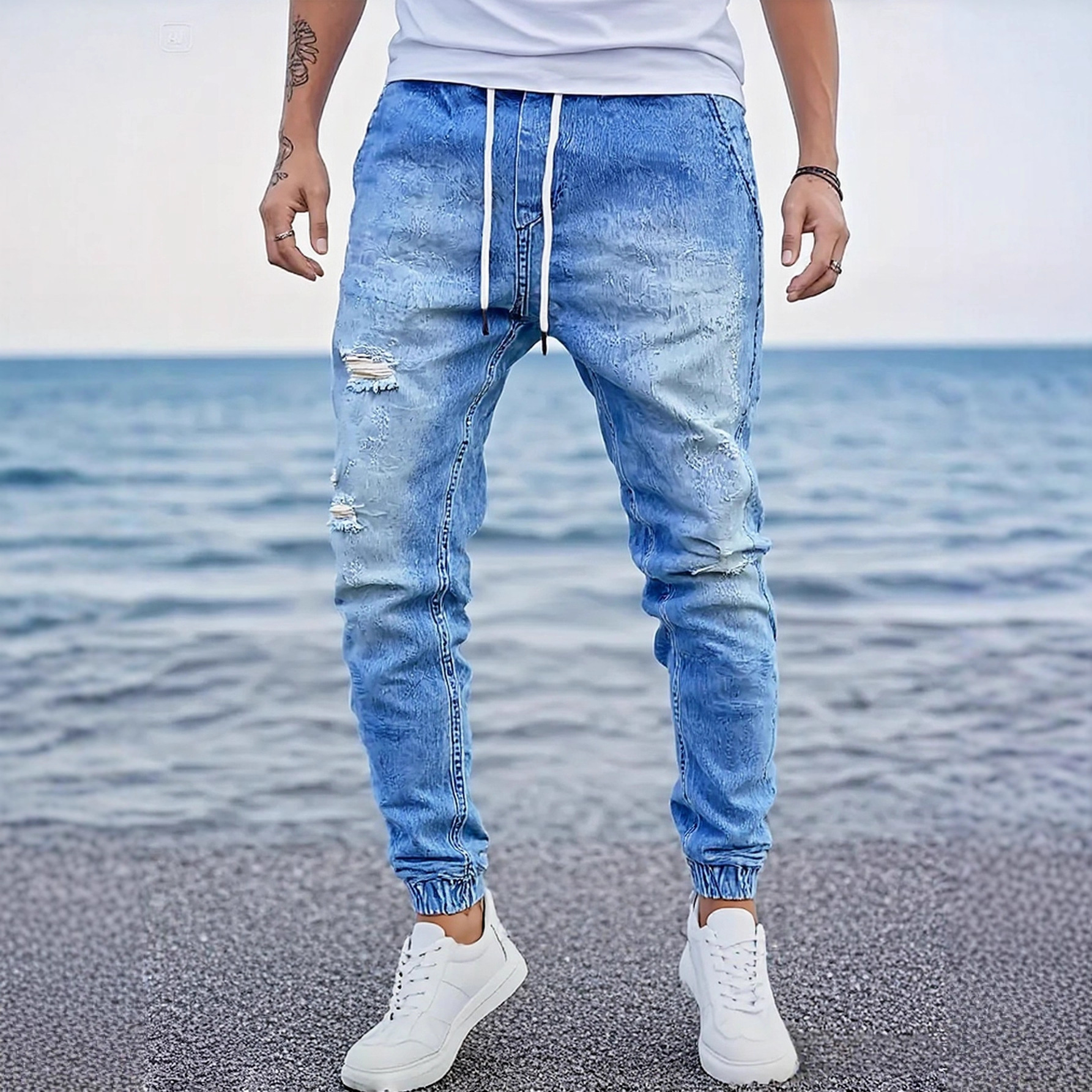 外贸亚马逊牛仔裤 跨境男士新款浅蓝色牛仔裤松紧束脚裤希音TEMU