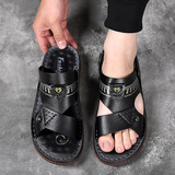 Мужские кожаные пляжные сандалии, летние комфортные слайдеры, нескользящие тапочки для отдыха, воловья кожа, из натуральной кожи