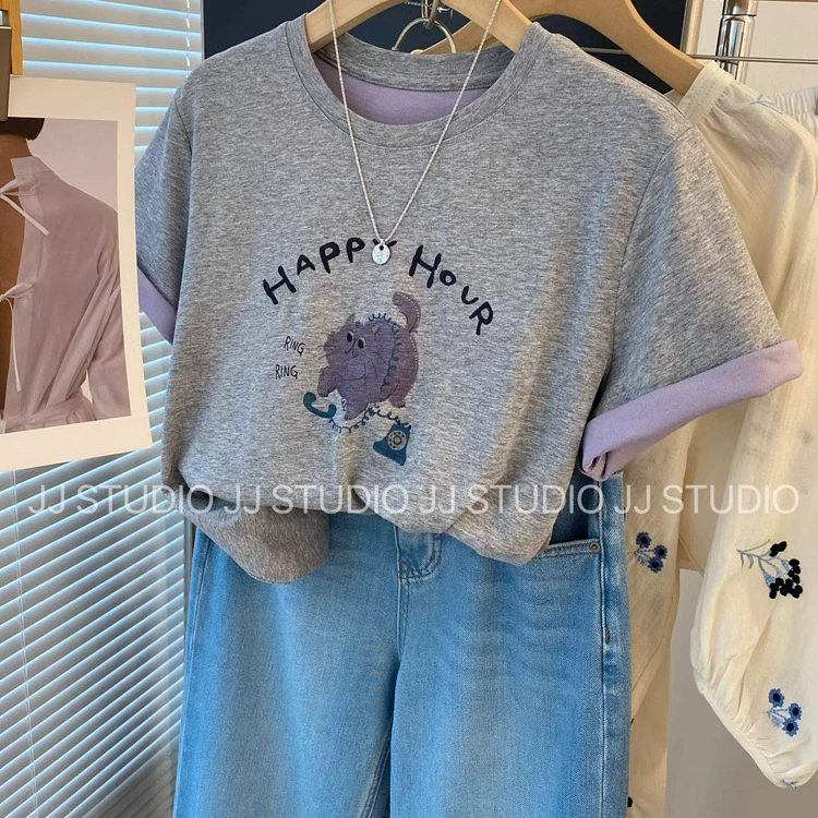 Летний цветной конфликт 2025 года! Корейская элегантная свободная футболка с короткими рукавами и круглым вырезом Dongdaemun для женщин