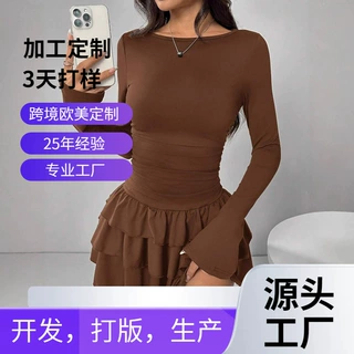 亚马逊跨境欧美新款女装秋冬纯色修身显瘦气质长袖连衣裙女感