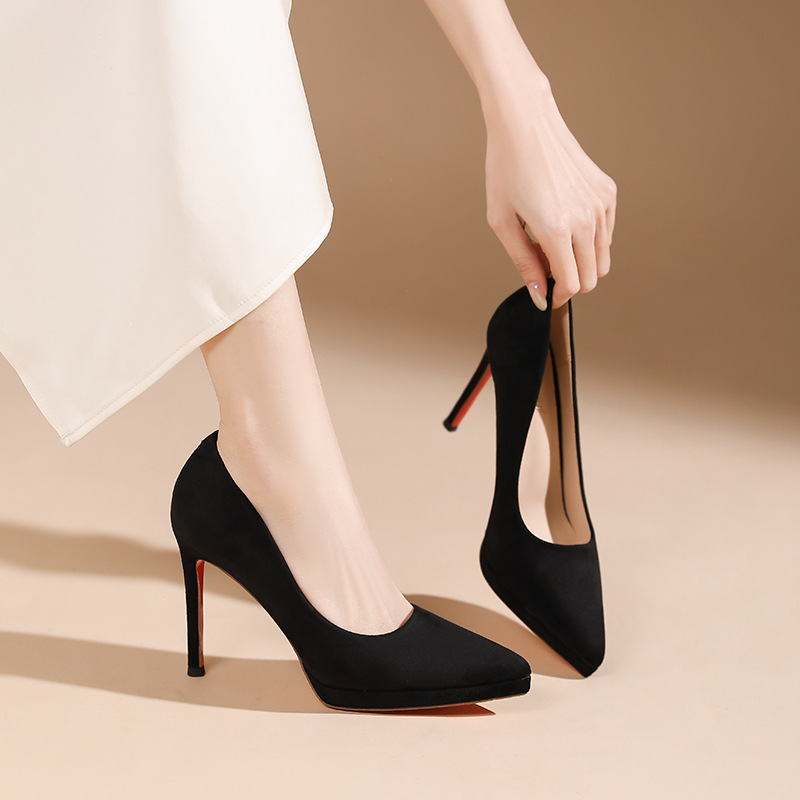 Giày cao gót nữ mũi nhọn phong cách Pháp, đế đỏ, gót nhọn 10 cm — Da trần-10cm