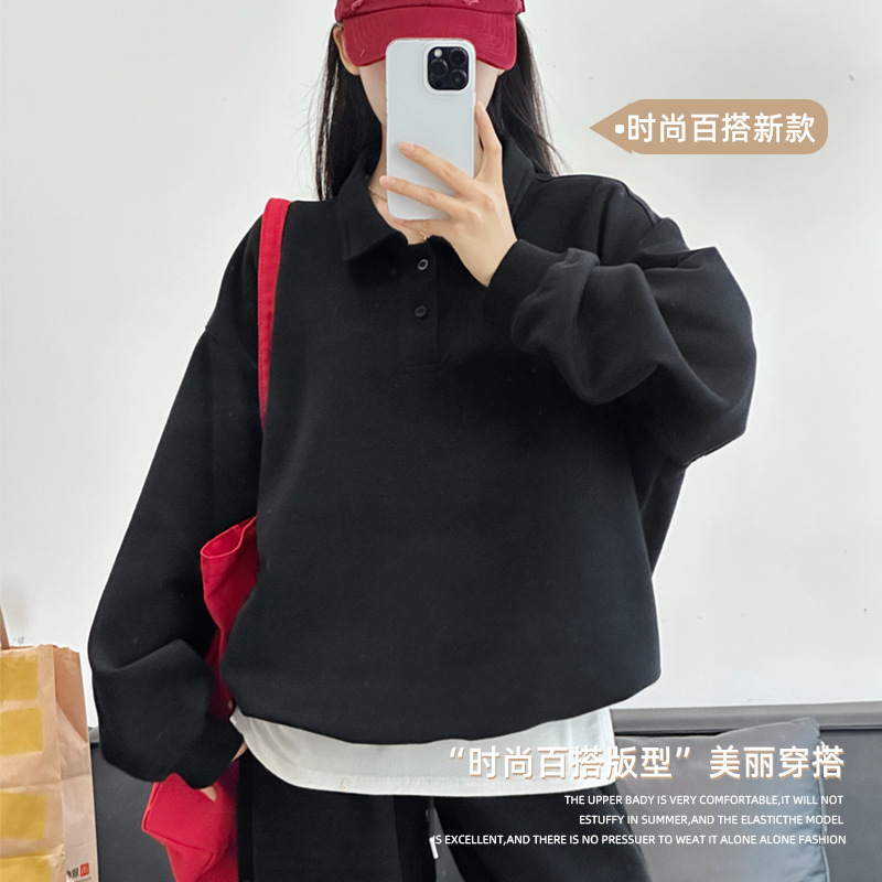 2025春秋新款女潮长袖宽松POLO领上衣棉慵懒风卫衣宽松百搭|undefined