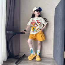 纯棉女童夏装套装中大童新款男女童卡通小猫短袖短裤多巴胺两件套