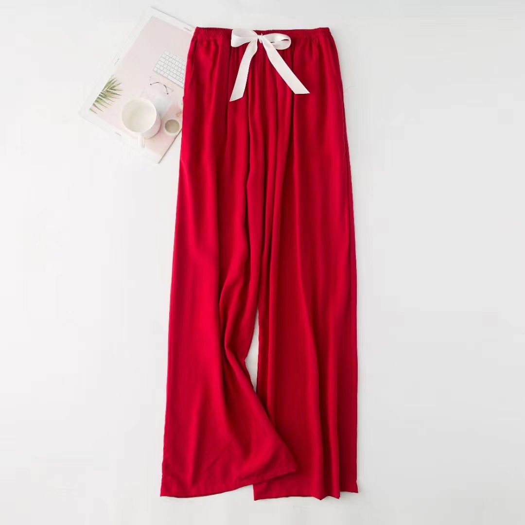 Con bolsillos, color sólido, primavera y verano, modelos delgados, pijamas de seda de algodón de algodón casero de verano, playa, nueve puntos sueltos