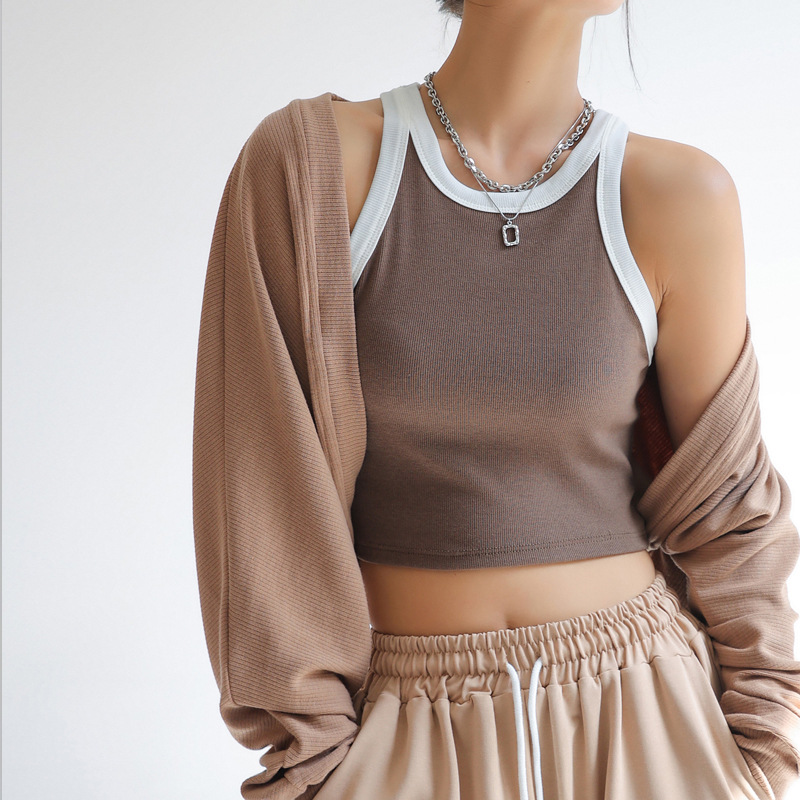 Q selecciona cuidadosamente una camisola básica versátil con parte inferior corta roscada de color contrastante para que las mujeres usan ropa exterior interior y sin mangas