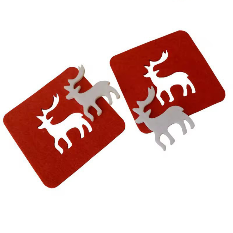 跨境 毛毡杯垫圣诞节镂空小鹿隔热垫 餐桌装饰节日主题餐厅装饰垫